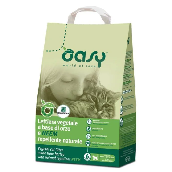 Oasy Lettiera Vegetale a base di orzo e NEEM Repellente Naturale per Gatti 6 litri