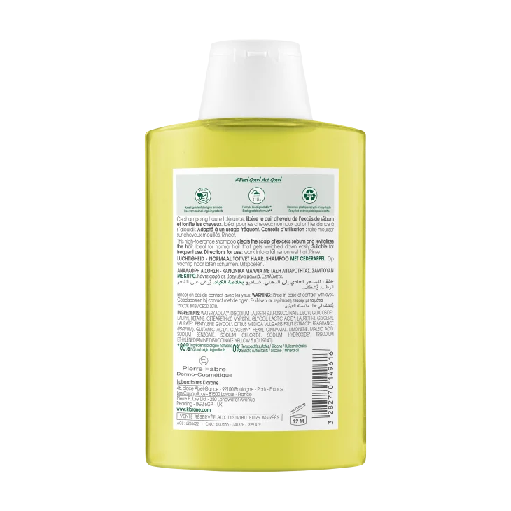 Klorane Shampoo alla Polpa di Cedro Leggero Capelli Da Normali a Grassi 200 ml