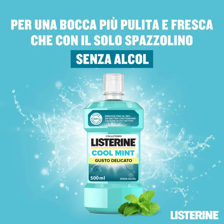 Listerine Collutorio Cool Mint Gusto Delicato Menta Alito Fresco Senza Alcol 500ml