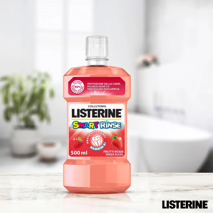 Listerine Collutorio, Bambini, Smart Rinse Kids, Senza Alcol e Senza Zucchero, Frutti Rossi, 500ml