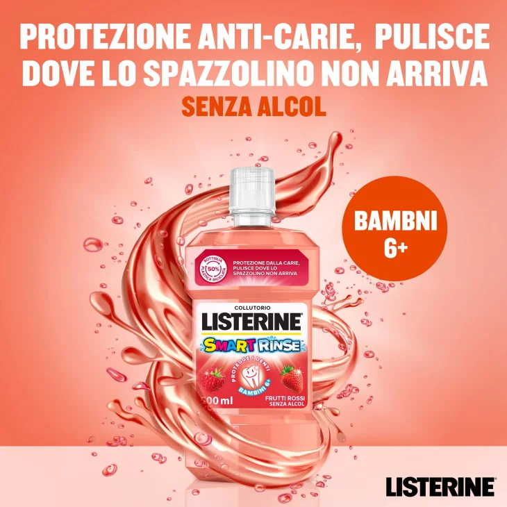 Listerine Collutorio, Bambini, Smart Rinse Kids, Senza Alcol e Senza Zucchero, Frutti Rossi, 500ml