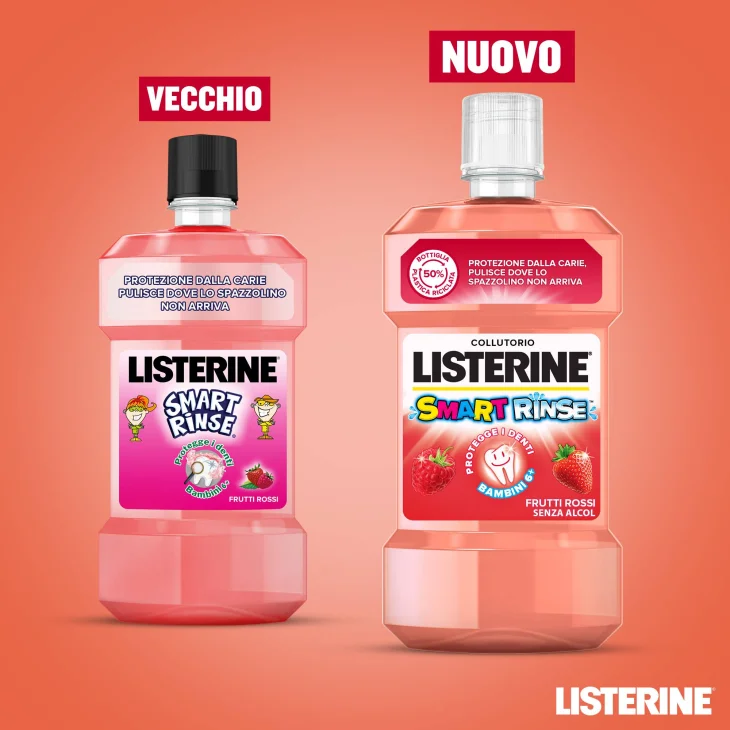 Listerine Collutorio, Bambini, Smart Rinse Kids, Senza Alcol e Senza Zucchero, Frutti Rossi, 500ml