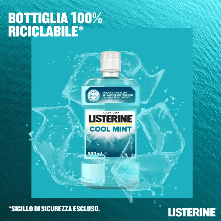Listerine Collutorio Coolmint a Base di Oli Essenziali Antibatterici di Menta, Timo, Betulla, Eucalipto 500ml