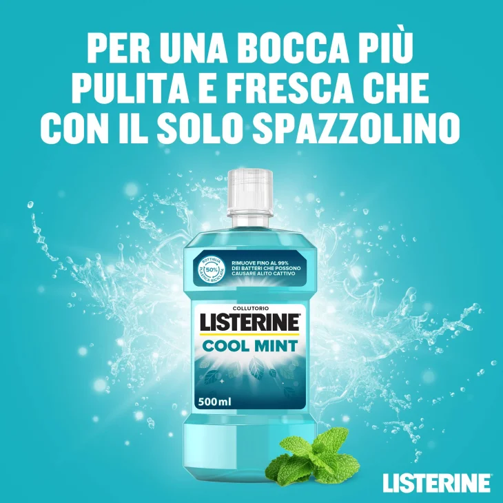 Listerine Collutorio Coolmint a Base di Oli Essenziali Antibatterici di Menta, Timo, Betulla, Eucalipto 500ml