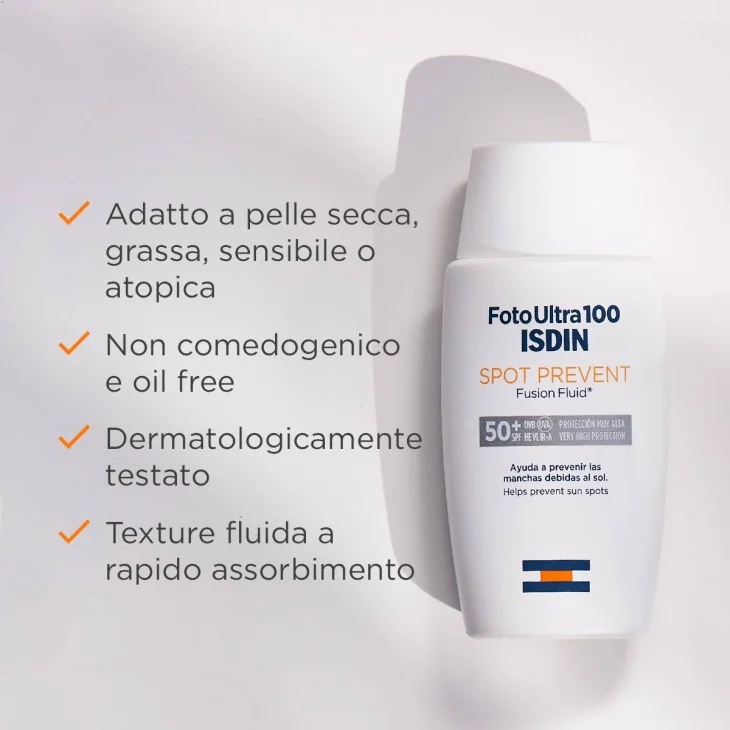 Isdin FotoUltra100 Spot Prevent Fusion Fluid Protezione Solare Viso SPF 50+ SPF Reale 100+