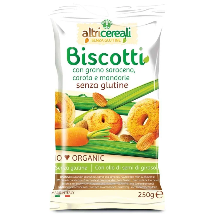 Probios Altri Cereli Biscotti biologici Grano Saraceno, Carota e Mandorle Senza Glutine 250 g