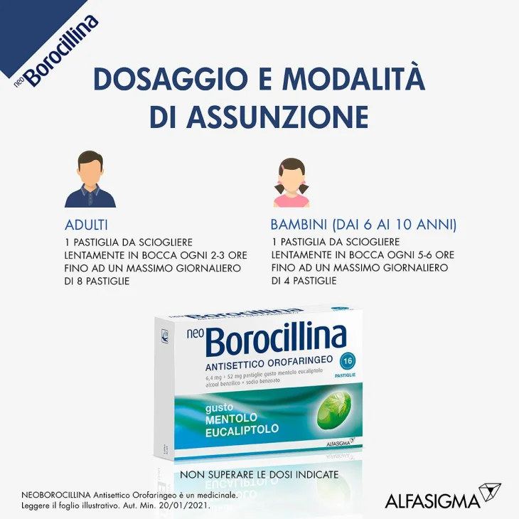 Neoborocillina Antisettico Orofaringeo 6,4 mg + 52 mg - Mentolo ed Eucalipto 16 Pastiglie