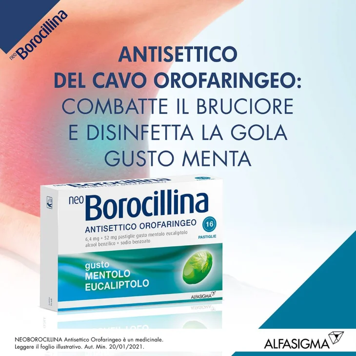 Neoborocillina Antisettico Orofaringeo 6,4 mg + 52 mg - Mentolo ed Eucalipto 16 Pastiglie