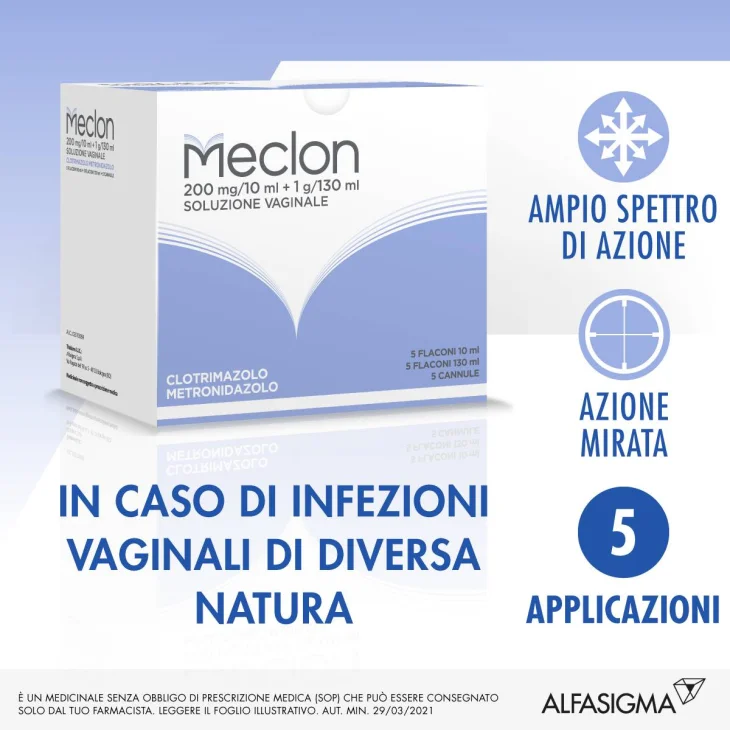 Meclon Soluzione Vaginale 200 mg/10 ml + 1 g/130 ml - 5 flaconi