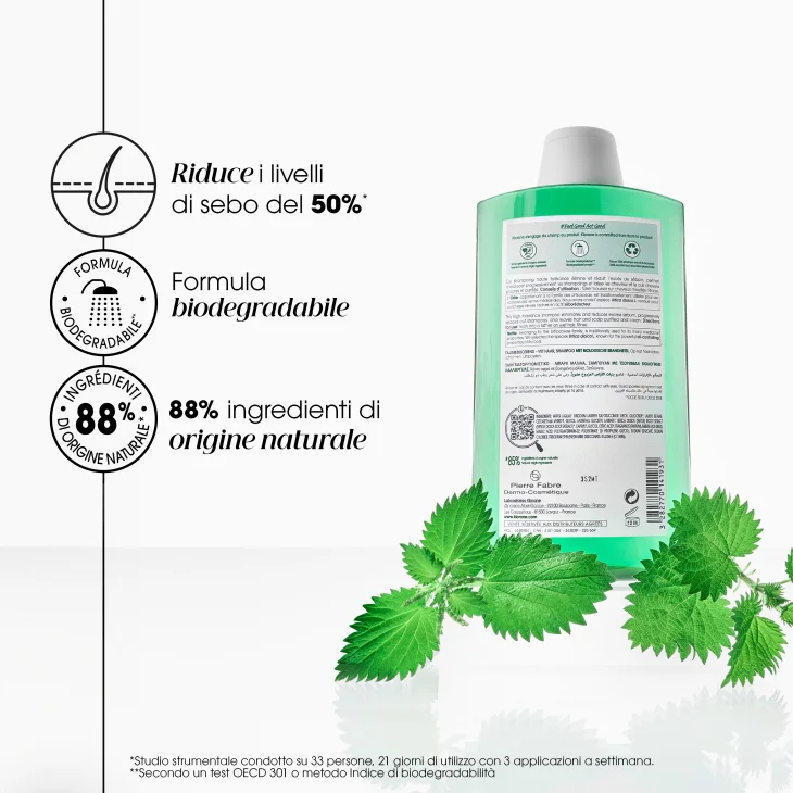 Klorane Shampoo purificante ed equilibrante all'ortica Seboriduttore Capelli grassi 400 ml