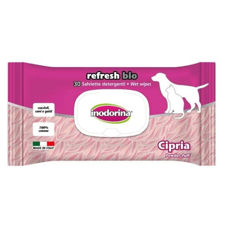 Inodorina Salviette detergenti biodegradabili per animali profumo cipria 30 pezzi