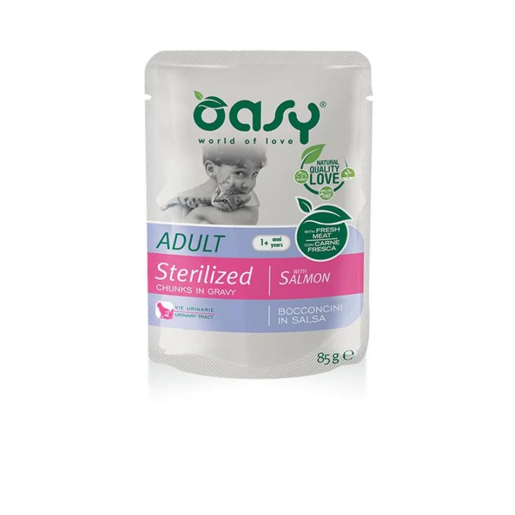 Oasy Adult Sterilized Salmon Bocconcini in Salsa con Salmone per Gatti Sterilizzati 85 g