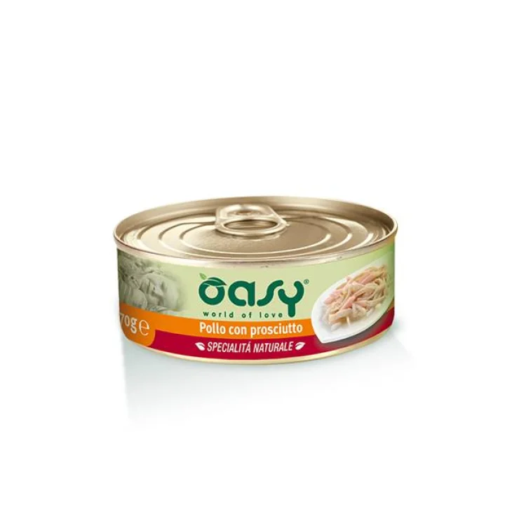 Oasy Pollo con Prosciutto Specialità Naturali Cibo Umido per Gatti in Lattina 70 g