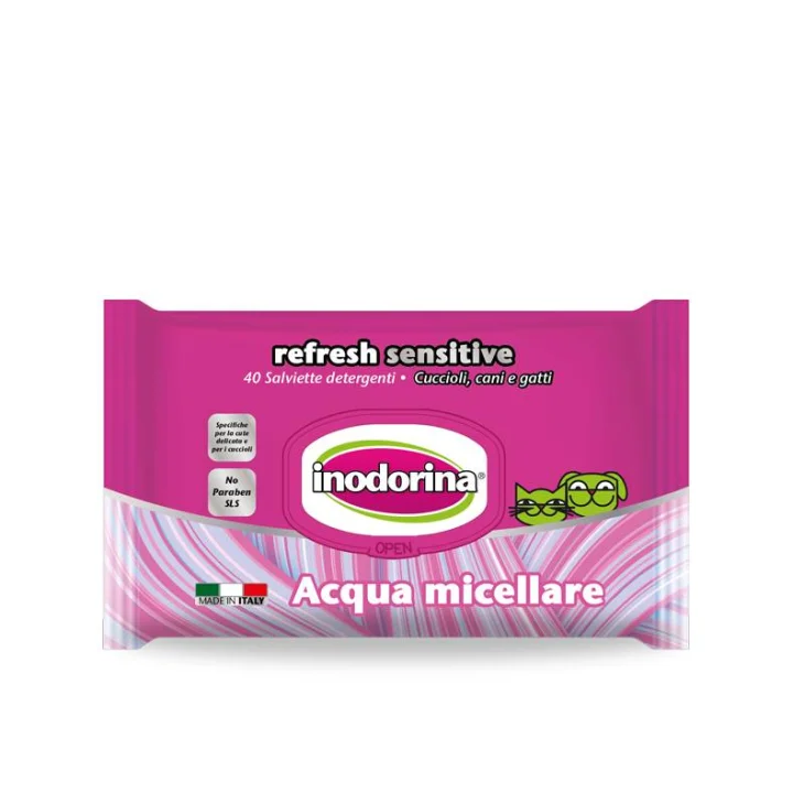 Inodorina Refresh Sensitive Salviette Acqua Micellare per cuccioli di cani e gatti