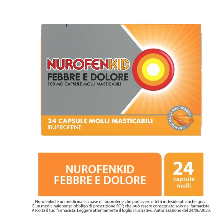 Nurofenkid Febbre e Dolore 100 MG 24 Capsule Molli Masticabili