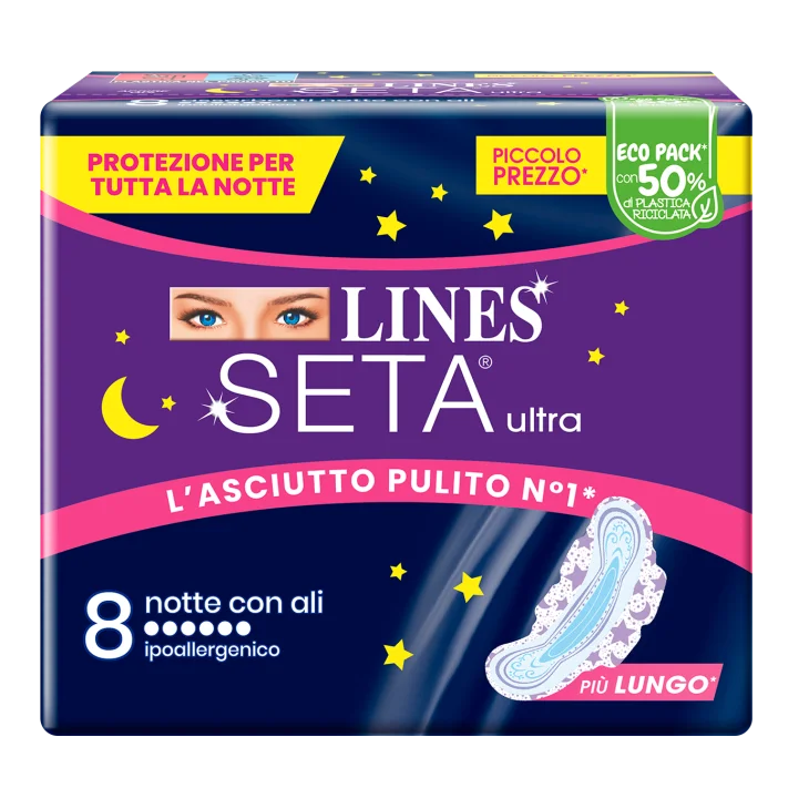 Lines Seta Ultra Assorbenti Notte Con Ali 8 pezzi