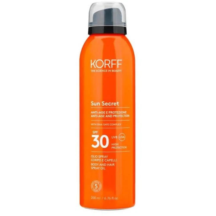 Korff Sun Secret Olio Spray per Corpo e Capelli SPF30 Protezione Solare Antiage 200 ml