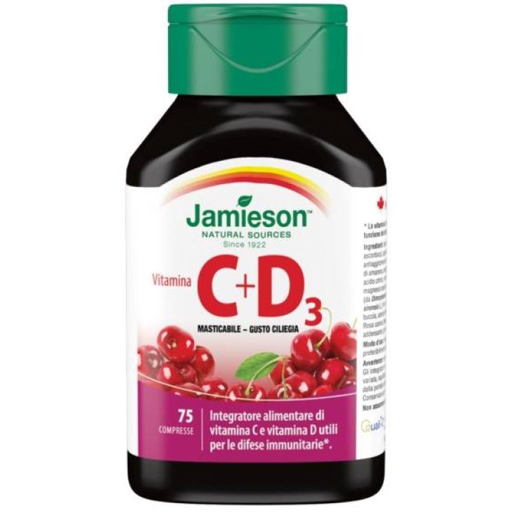 Jamieson Vitamina C 500 + D Integratore per il Sistema Immunitario Gusto Ciliegia 75 compresse