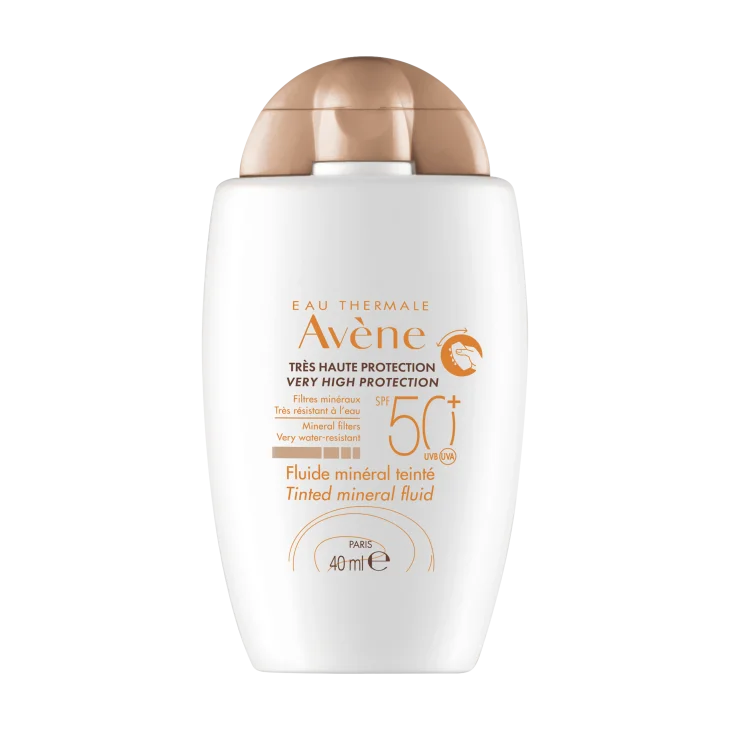 Av&egrave;ne Eau Thermale Fluido Minerale colorato SPF50+, Protezione solare Lenitiva Anti-irritazione, 100% minerale senza profumo, Pelli intolleranti ai filtri chimici e ai profumi, 40ml