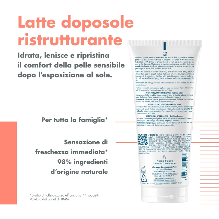 Av&egrave;ne Eau Thermale Latte Doposole Ristrutturante, Lenisce e idrata, con Olio di Jojoba e Acqua termale, Per tutta la famiglia, 200ml