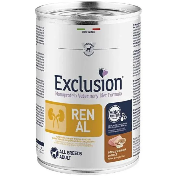 Exclusion Monoprotein Veterinary Diet Formula Dog Renal Pork & Sorghum And Rice All Breeds 400 G Canned