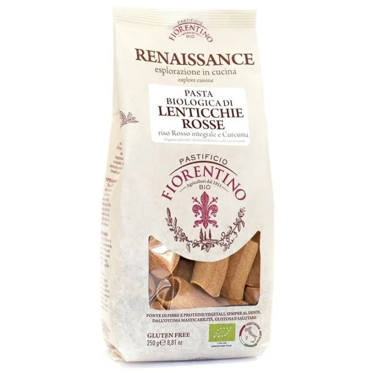 PASTIFICIO FIORENTINO RENAISSANCE PASTA BIOLOGICA DI LENTICCHIE ROSSE/RISO ROSSO E CURCUMA PACCHERI 250 G