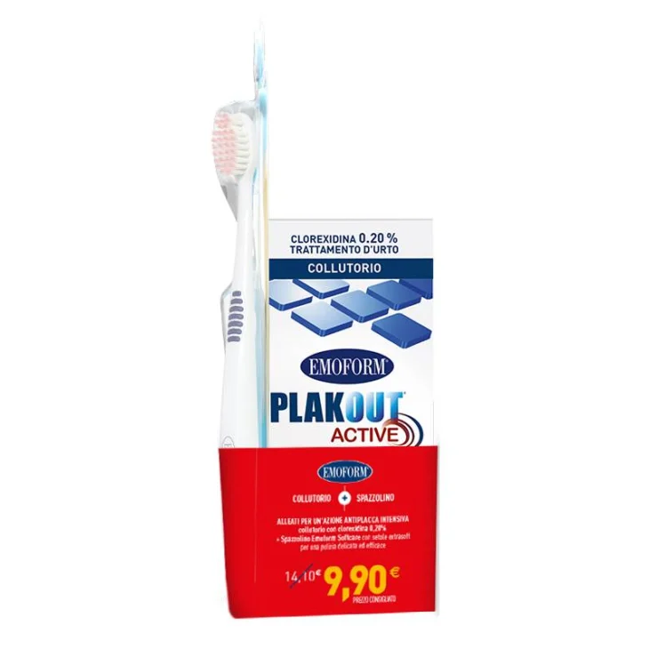 Emoform Plak Out Active per l'igiene orale e dentale 1 collutorio 0,20% clorexidina da 200 ml + spazzolino