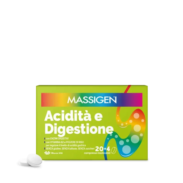 Massigen Acidità e Digestione Integratore per Disturbi Gastrointestinali 24 compresse masticabili