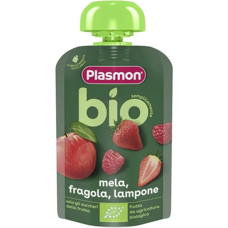 Plasmon Pouches Mela Fragola e Lampone Merenda per Bambini Bio 100 g