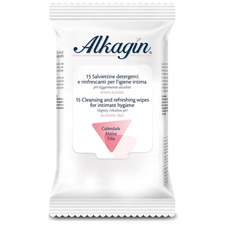 Alkagin Salviettine Detergenti E Rinfrescanti Per L'Igiene Intima Ph Leggermente Alcalino Senza Alcool 15 Pezzi Calendula Malva