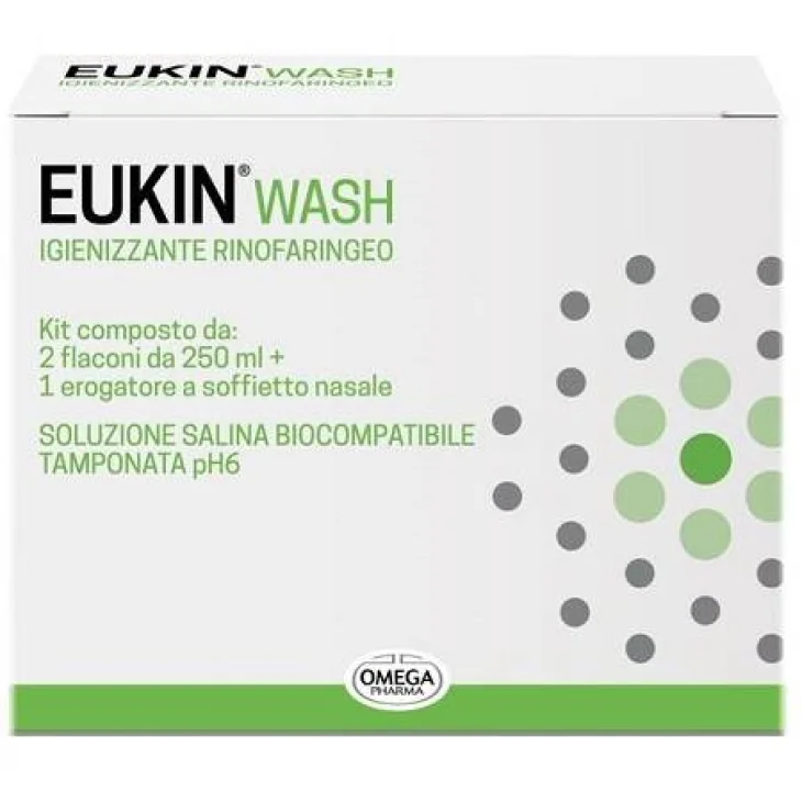 Omega Pharma Eukin Wash Igienizzante Orofaringeo Kit 2 Flaconi da 250 ml+ Erogatore a Soffietto Nasale