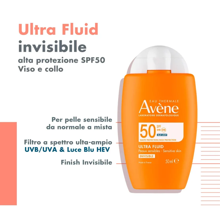 Avène Ultra Fluid SPF50 Protezione Solare Viso Invisibile Pelli Sensibili 50 ml