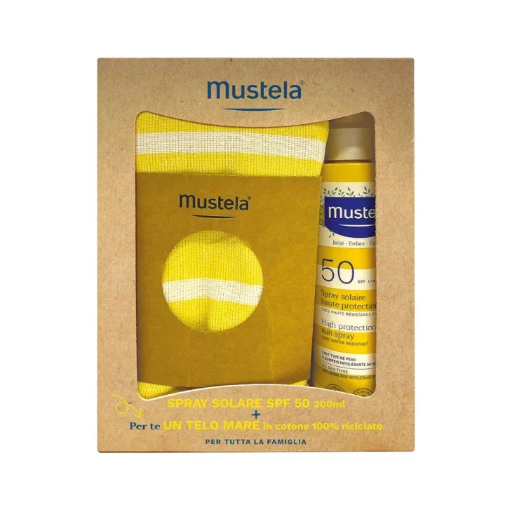 Mustela Spray Latte Solare SPF 50 Protezione Alta per Bambini 200ml + Telo Mare