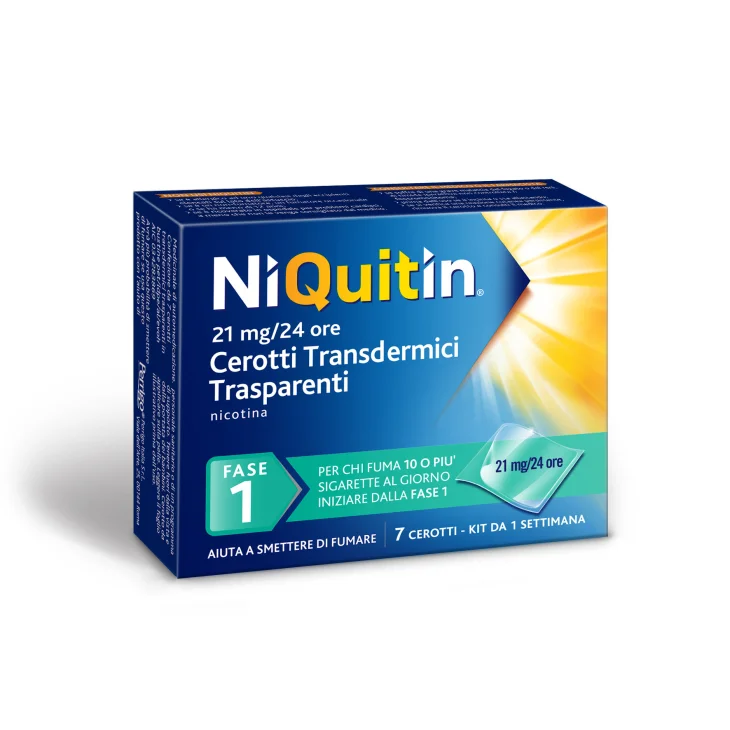 Niquitin Fase 1 Nicotina 21 mg/die 7 cerotti Transdermici Trasparenti per smettere di Fumare