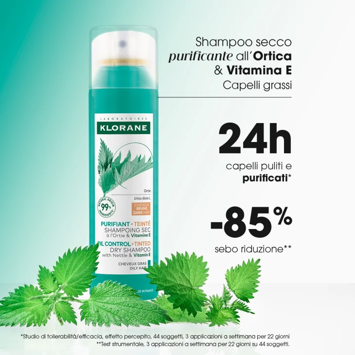 Klorane Shampoo Secco Purificante All'Estratto di Ortica e Vitamina E Capelli Scuri150 ml