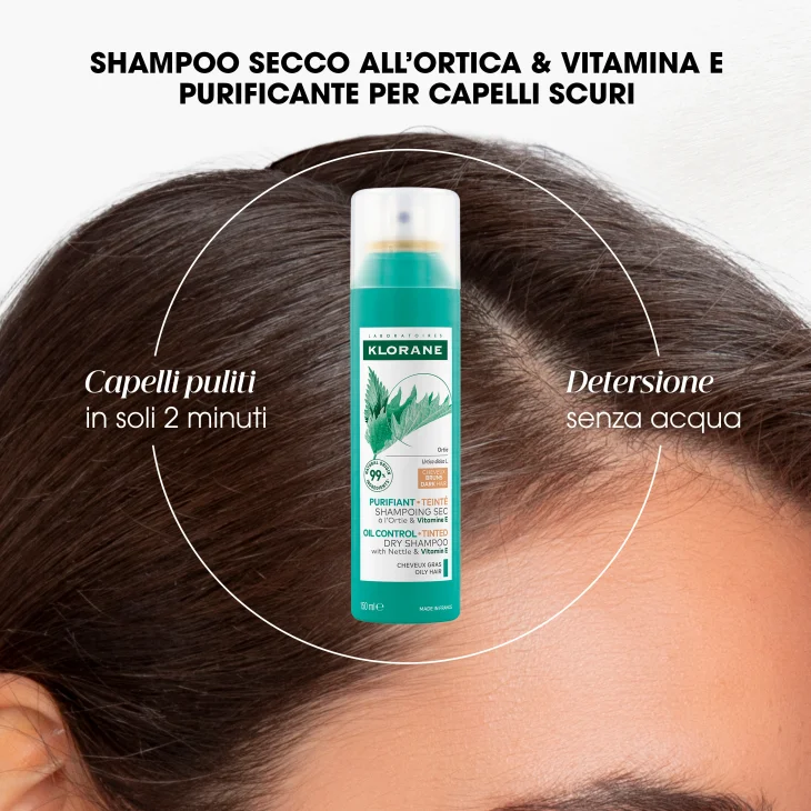 Klorane Shampoo Secco Purificante All'Estratto di Ortica e Vitamina E Capelli Scuri150 ml