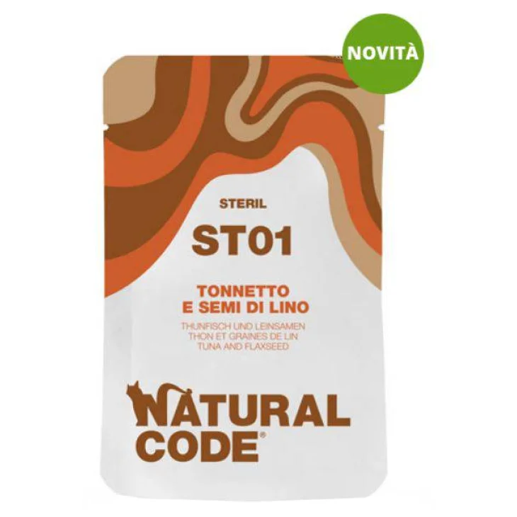 Natural Code Alimento per Gatti Adulti Sterilizzati Tonno e Lino 70 g