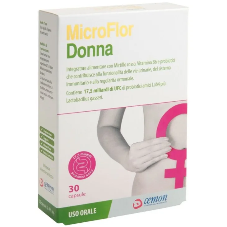 Cemon Microflor Donna Probiotici Mirtillo Rosso Vitamina B6 30 Capsule