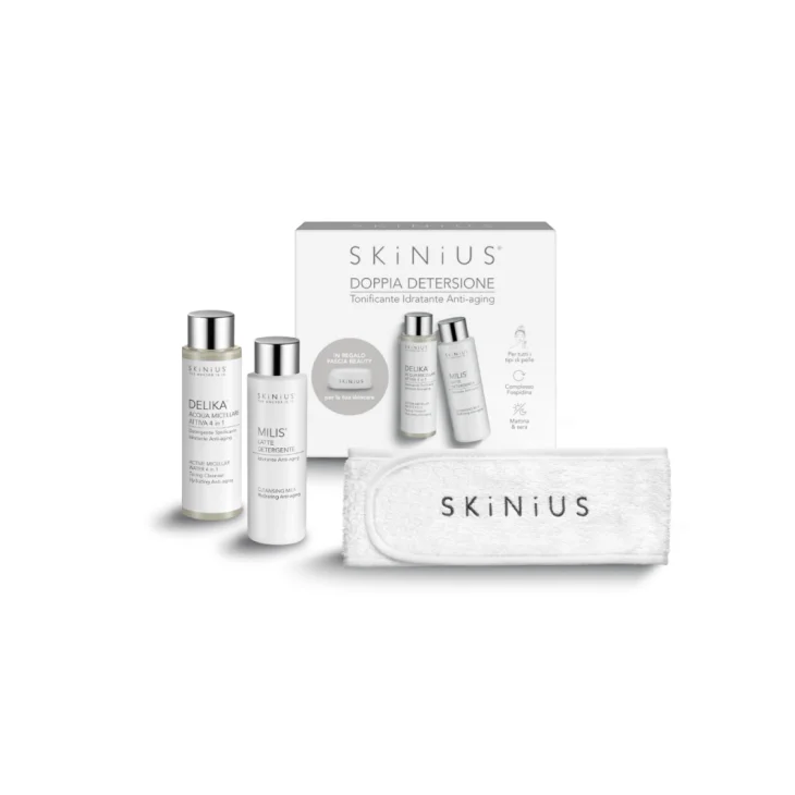 Skinius Doppia Detersione Antiaging Cofanetto Detergente 100 ml + Acqua Micellare 100 ml + Fascia Beauty