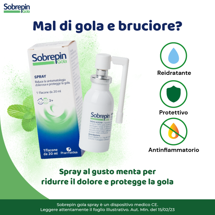 Sobrepin Gola Spray è un dispositivo ad azione emolliente e lenitiva Per la Gola 20 ml