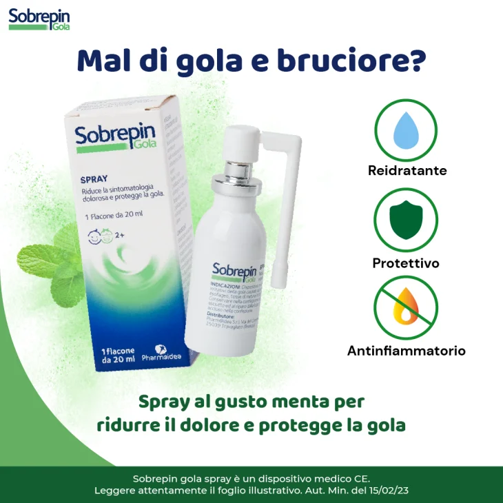 Sobrepin Gola Spray è un dispositivo ad azione emolliente e lenitiva Per la Gola 20 ml