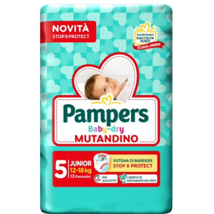 Pampers Baby Dry Junior 5 Stop & Protect Pannolini Taglia 5 (12-18 Kg) Confezione 13 Pezzi