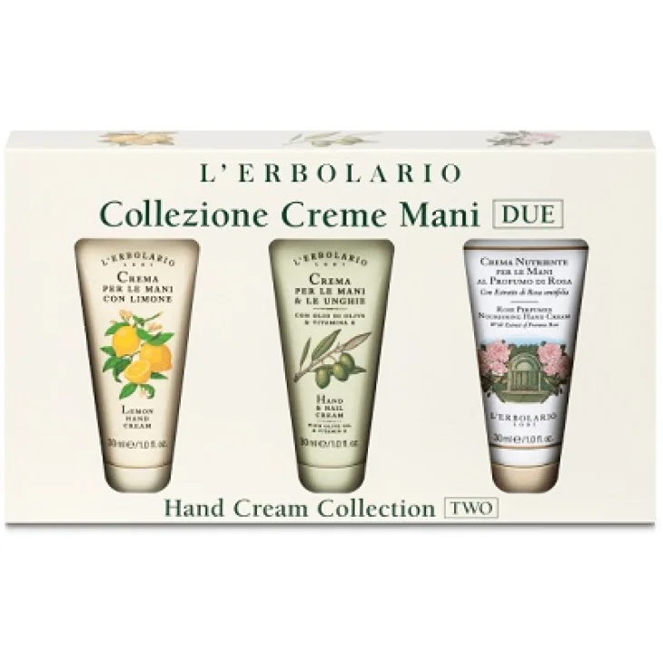 COLLEZIONE CREME MANI DUE CON CREMA MANI LIMONE 30 ML + CREMA MANI E UNGHIE OLIO DI OLIVA 30 ML + CREMA NUTRIENTE MANI ROSA 30 ML