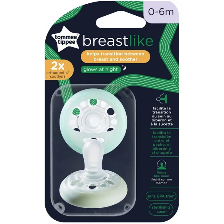 Tommee Tippee 2 Succhietti Breast-Like Night 0-6m Neutro