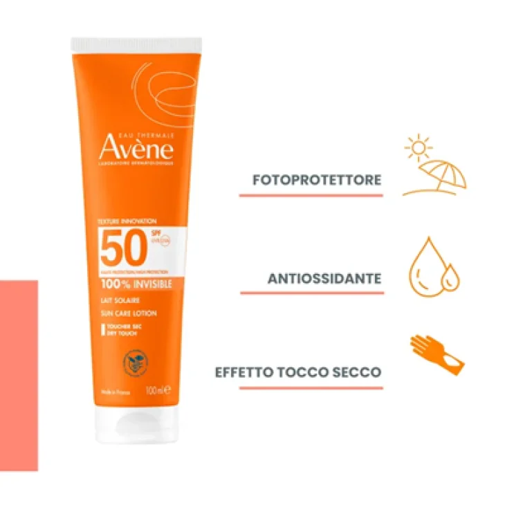 Av&egrave;ne Eau Thermale Latte Solare Protezione alta SPF 50, Finish invisibile senza residui, 100 ml