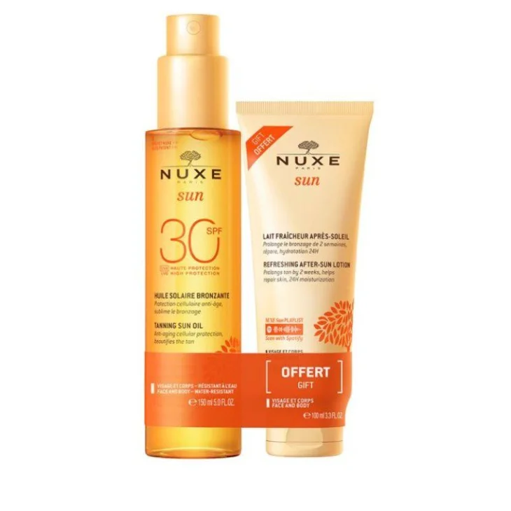 Nuxe Sun Duo Olio Solare Viso E Corpo Spf30 150Ml + Latte Doposole Viso E Corpo 100Ml.