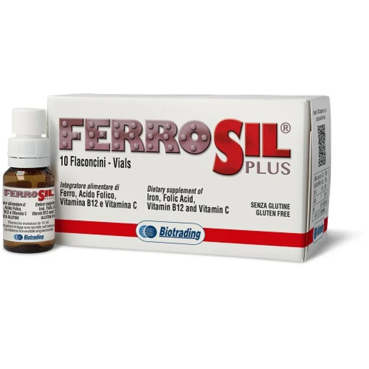 Biotrading Ferrosil Plus Integratore Ferro Acido Folico Vitamina B12 C 10 Flaconcini
