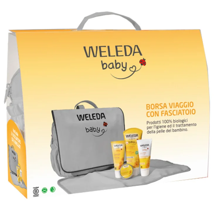WELEDA BABY BORSA VIAGGIO CON FASCIATOIO 1 BABYWASH CORPO&CAPELLI CALENDULA 200 ML + 1 CREMA PROTETTIVA CALENDULA 75 ML+ 1 CREMA VISO CALENDULA 50 ML + BALSAMO MULTIUSO 25 G