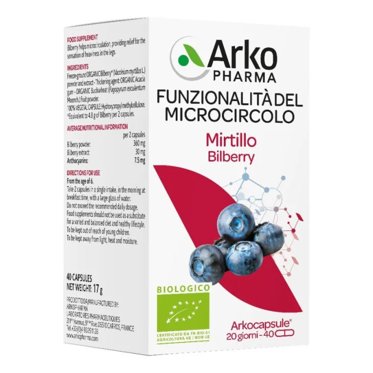 Arkofarma Arkocapsule Mirtillo Estratto Antiossidante Integratore per il microcircolo 40 capsule