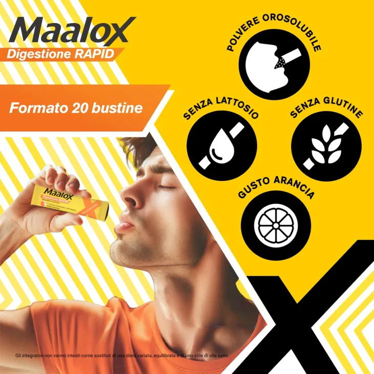 Maalox Digestione Rapid Integratore Cattiva Digestione e Acidità di Stomaco Adulti e Bambini 20 Bustine